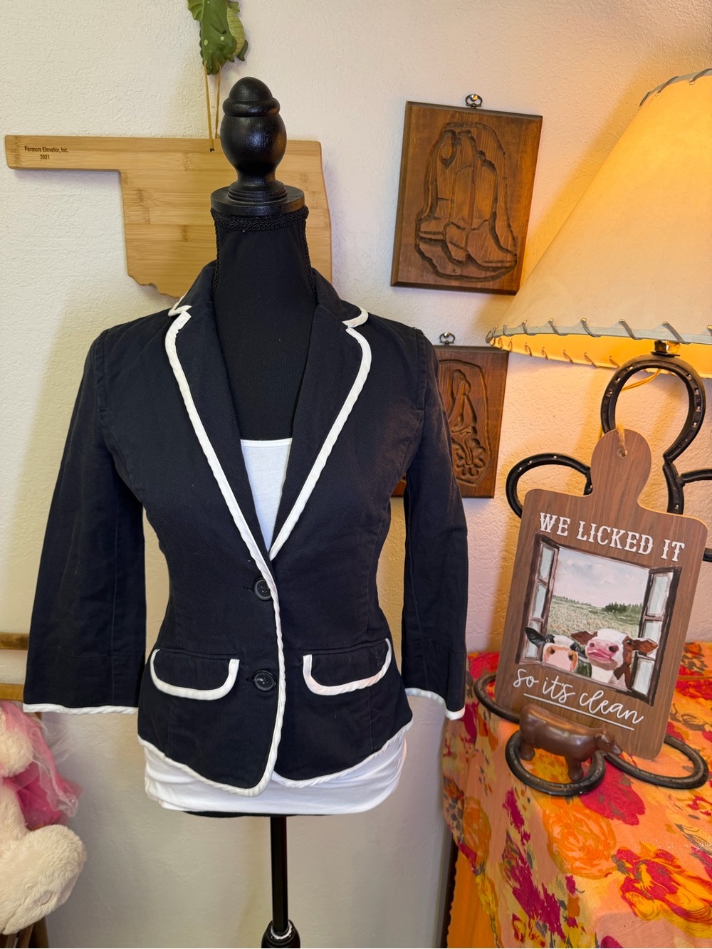 Vintage Y2K American Eagle Navy Blue 100% Cotton Fitted Blazer Nautical Prep XS